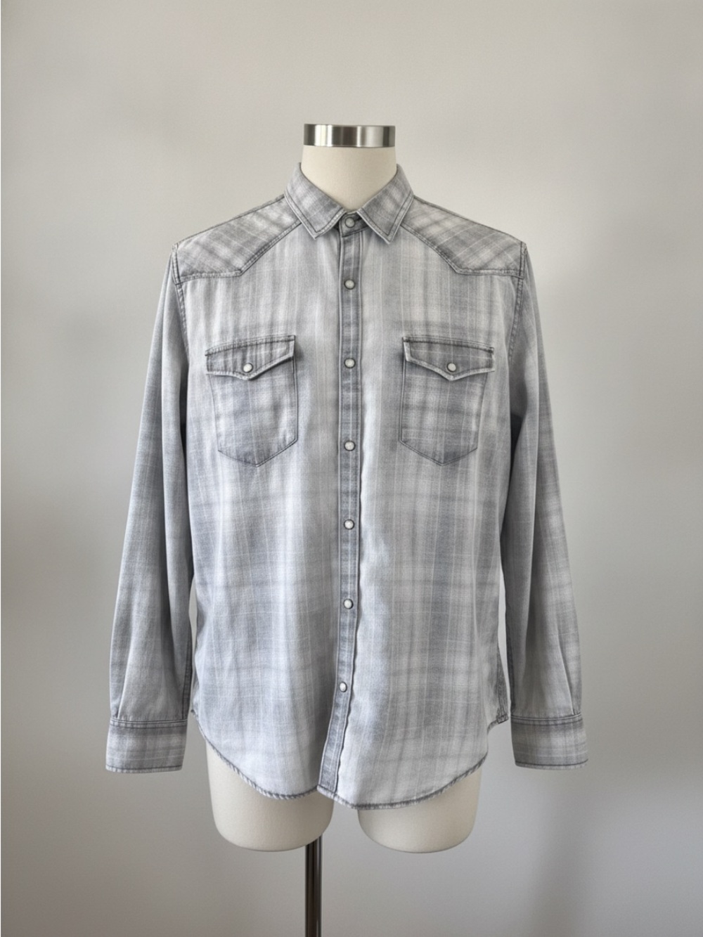 Lucky Brand Men's Light Gray Plaid Western Button-Down Shirt